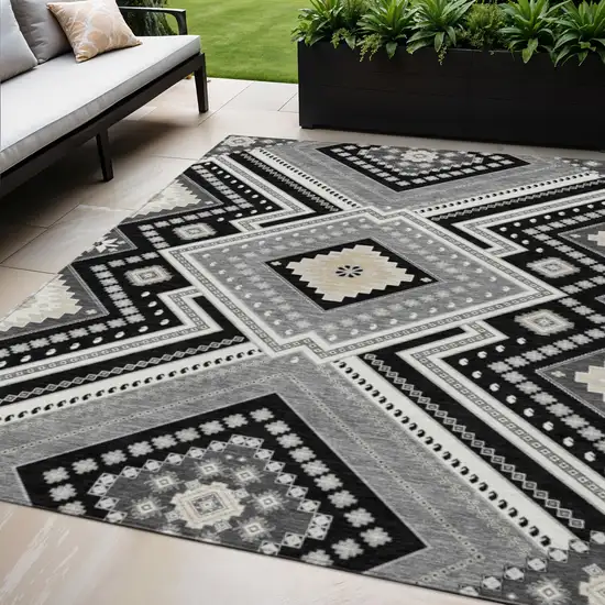 Black Gray And Ivory Tribal Washable Indoor Outdoor Area Rug Photo 1