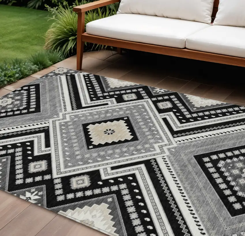 Black Gray And Ivory Tribal Washable Indoor Outdoor Area Rug Photo 1