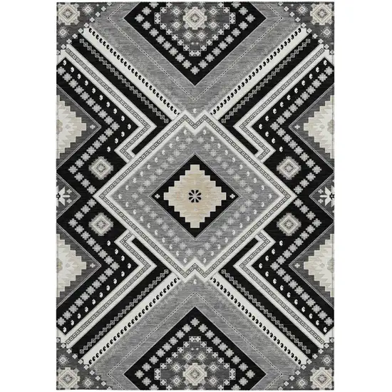 Black Gray And Ivory Tribal Washable Indoor Outdoor Area Rug Photo 6
