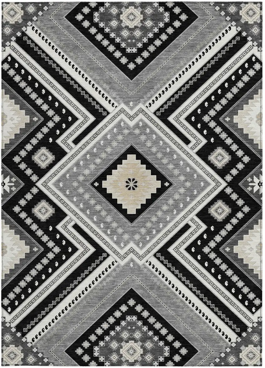Black Gray And Ivory Tribal Washable Indoor Outdoor Area Rug Photo 6