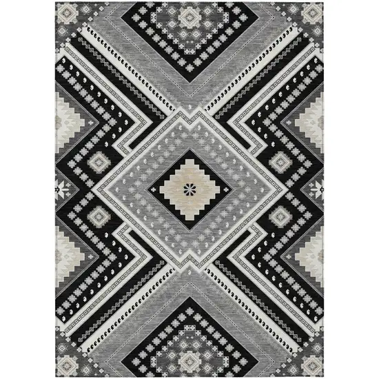 Black Gray And Ivory Tribal Washable Indoor Outdoor Area Rug Photo 2
