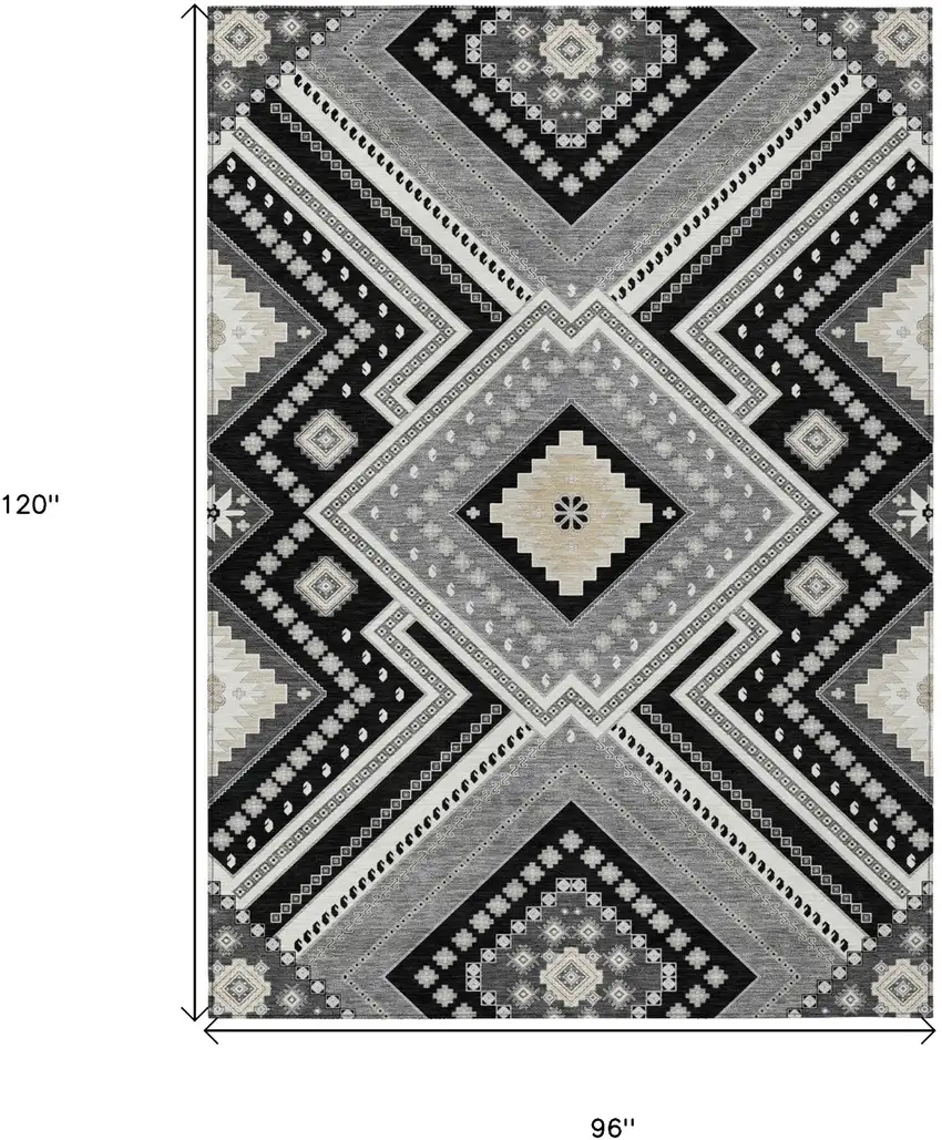 Black Gray And Ivory Tribal Washable Indoor Outdoor Area Rug Photo 3
