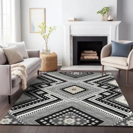 Black Gray And Ivory Tribal Washable Indoor Outdoor Area Rug Photo 8