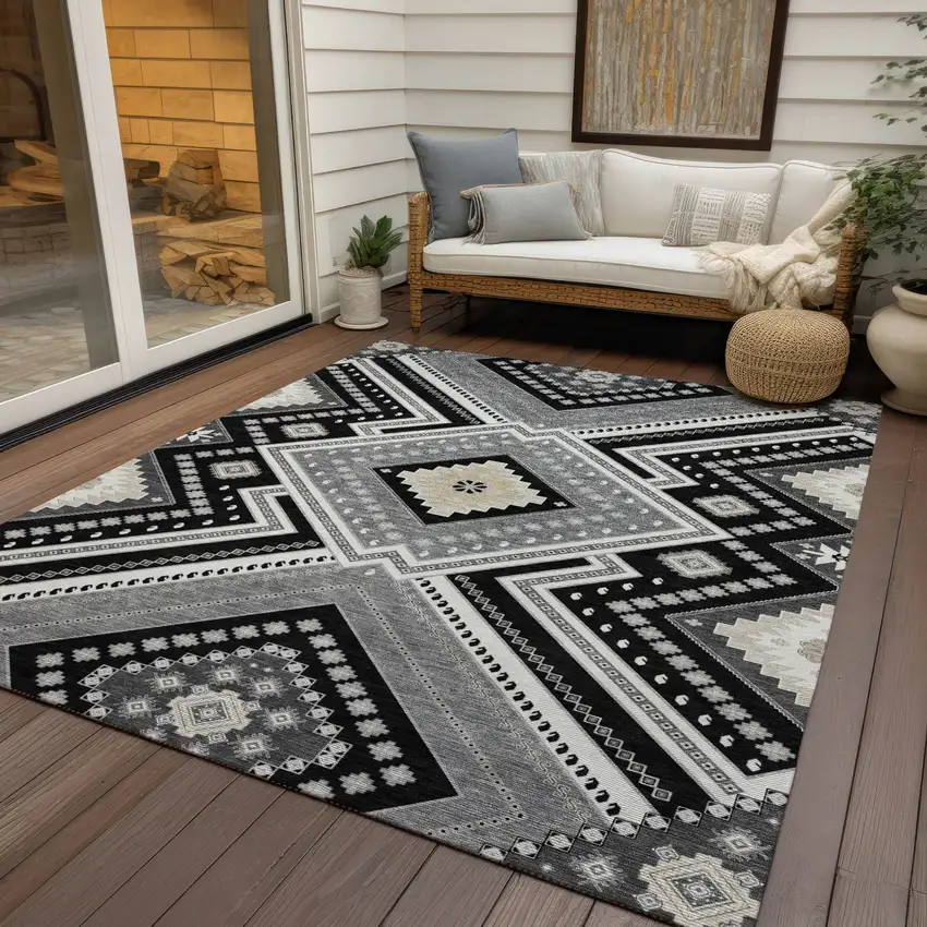 Black Gray And Ivory Tribal Washable Indoor Outdoor Area Rug Photo 7