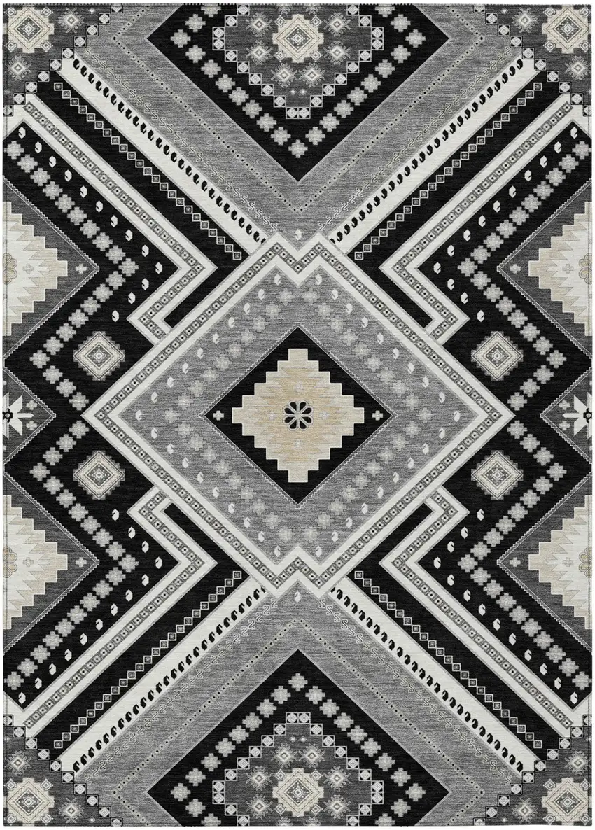 Black Gray And Ivory Tribal Washable Indoor Outdoor Area Rug Photo 2