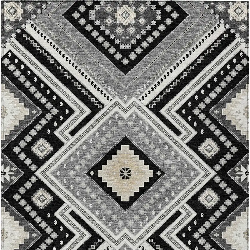 Black Gray And Ivory Tribal Washable Indoor Outdoor Area Rug Photo 6