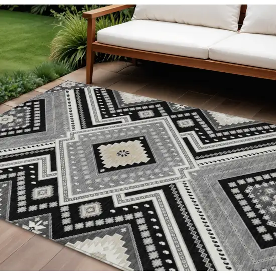 Black Gray And Ivory Tribal Washable Indoor Outdoor Area Rug Photo 1