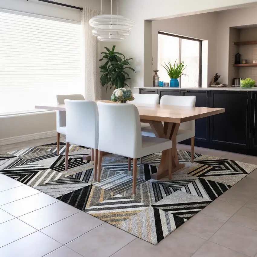 Black Gray And Khaki Patchwork Washable Indoor Outdoor Area Rug Photo 5