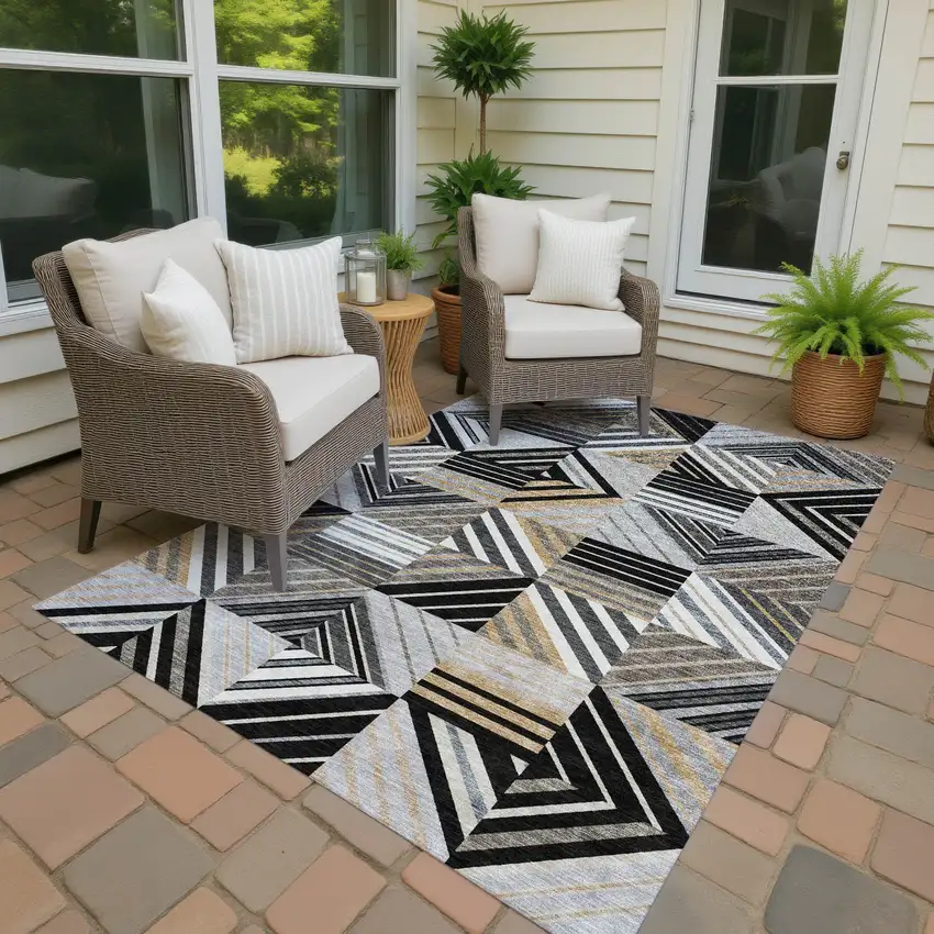 Black Gray And Khaki Patchwork Washable Indoor Outdoor Area Rug Photo 4