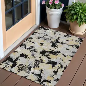 Photo of Black Gray And Light Brown Floral Washable Indoor Outdoor Area Rug