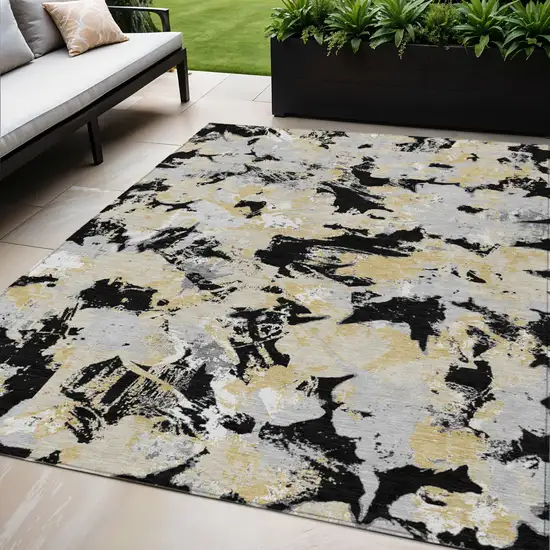 Black Gray And Light Brown Floral Washable Indoor Outdoor Area Rug Photo 1
