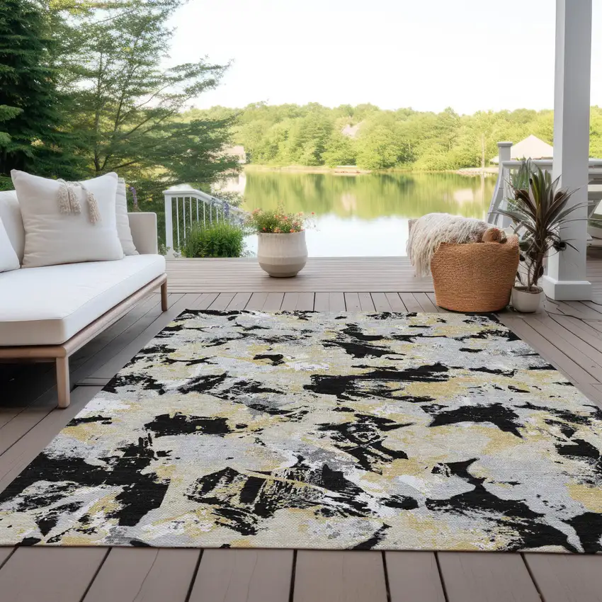 Black Gray And Light Brown Floral Washable Indoor Outdoor Area Rug Photo 9