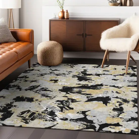 Black Gray And Light Brown Floral Washable Indoor Outdoor Area Rug Photo 9