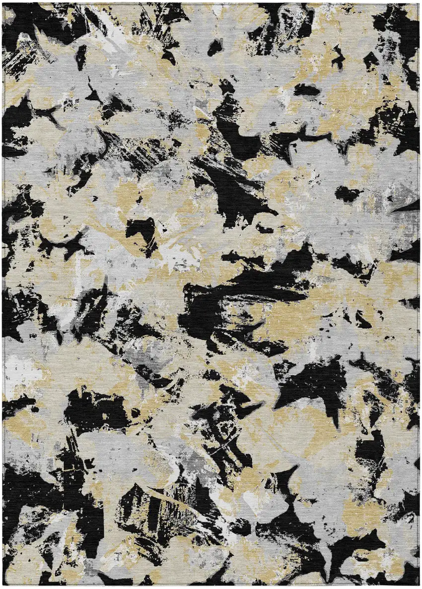 Black Gray And Light Brown Floral Washable Indoor Outdoor Area Rug Photo 2