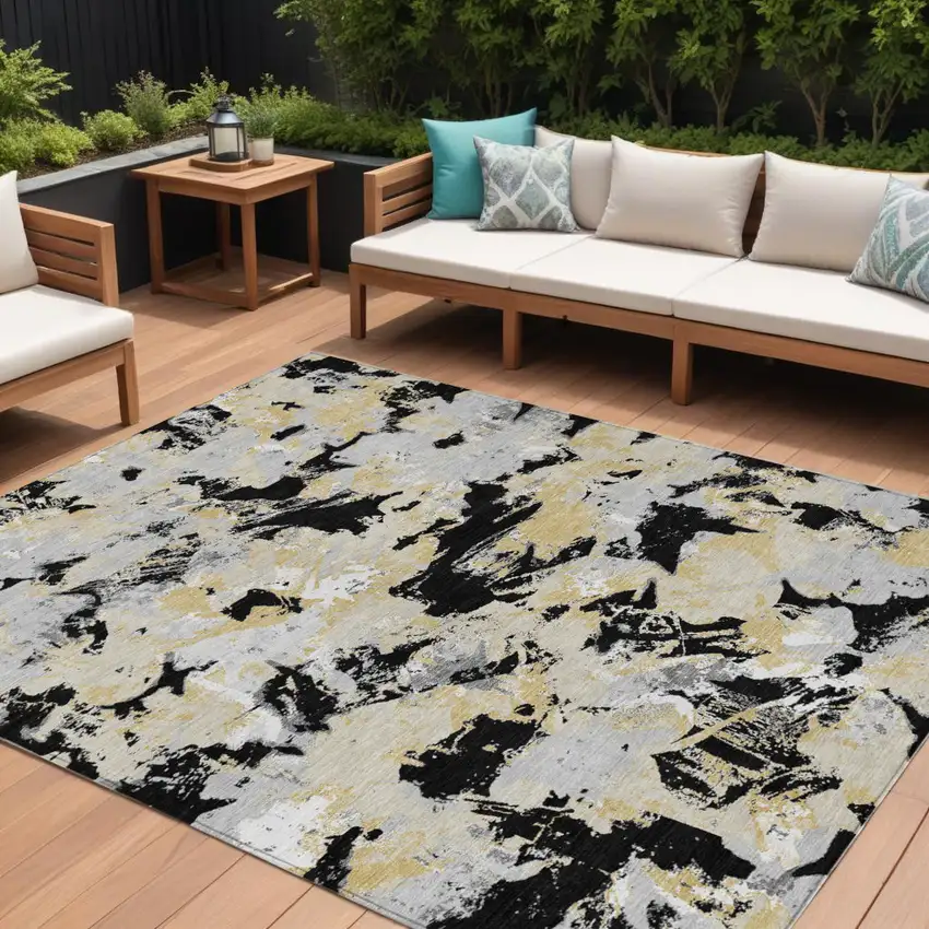 Black Gray And Light Brown Floral Washable Indoor Outdoor Area Rug Photo 1