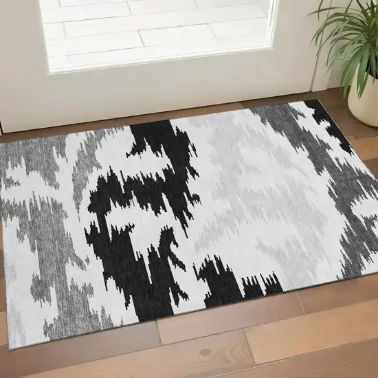 Black Gray And Silver Abstract Washable Area Rug With UV Protection Photo 1