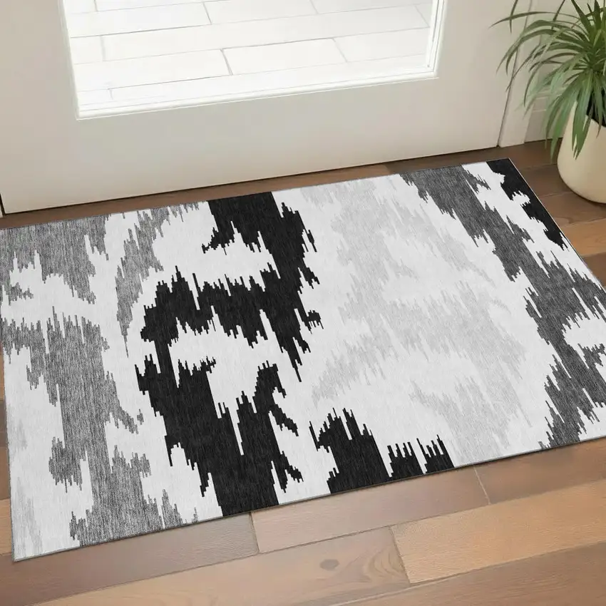 Black Gray And Silver Abstract Washable Area Rug With UV Protection Photo 1