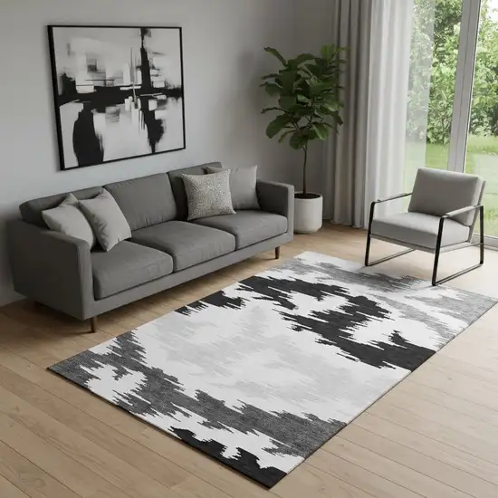 Black Gray And Silver Abstract Washable Area Rug With UV Protection Photo 1