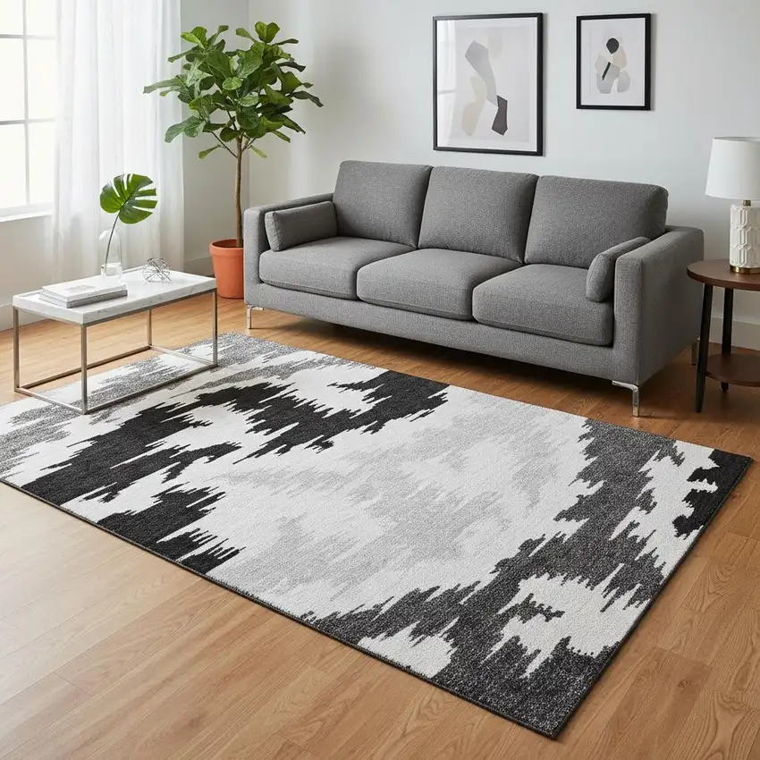 Black Gray And Silver Abstract Washable Area Rug With UV Protection Photo 2