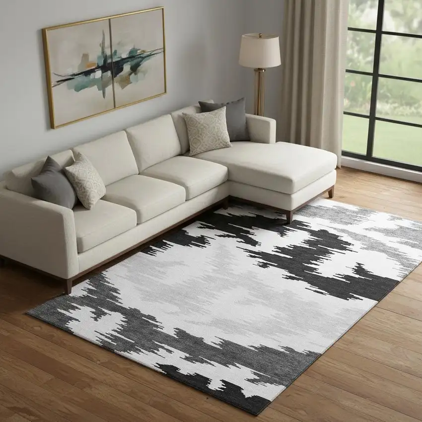 Black Gray And Silver Abstract Washable Area Rug With UV Protection Photo 1