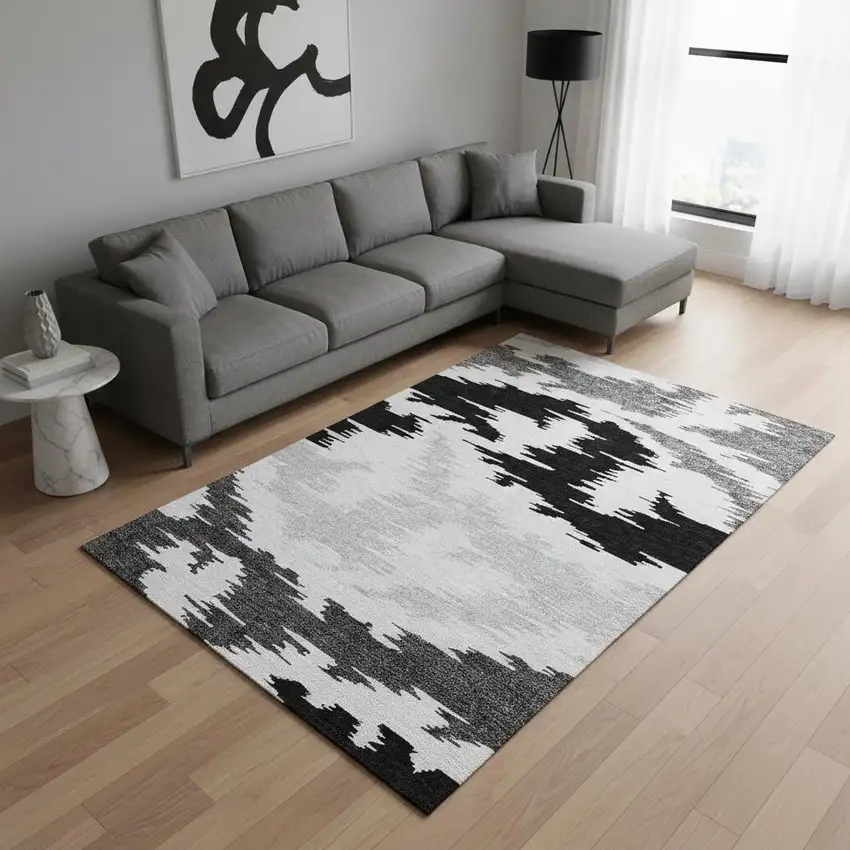 Black Gray And Silver Abstract Washable Area Rug With UV Protection Photo 2