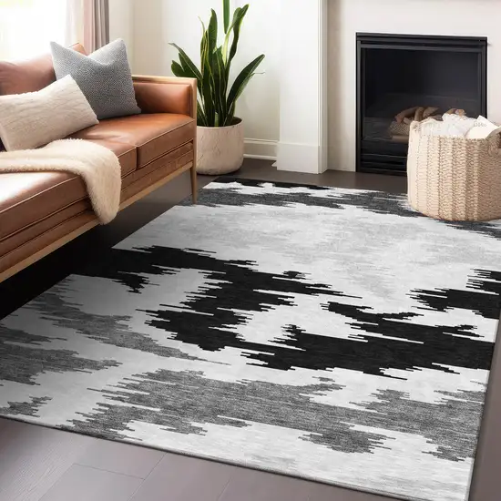 Black Gray And Silver Abstract Washable Area Rug With UV Protection Photo 6
