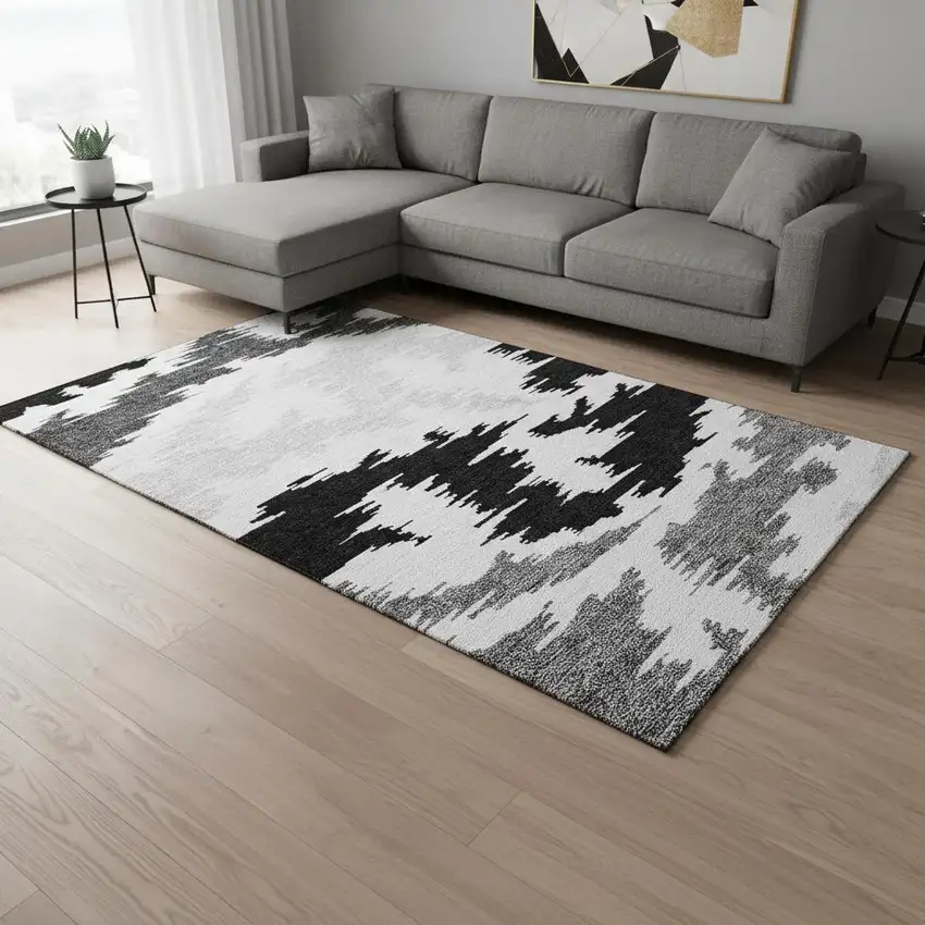 Black Gray And Silver Abstract Washable Area Rug With UV Protection Photo 2