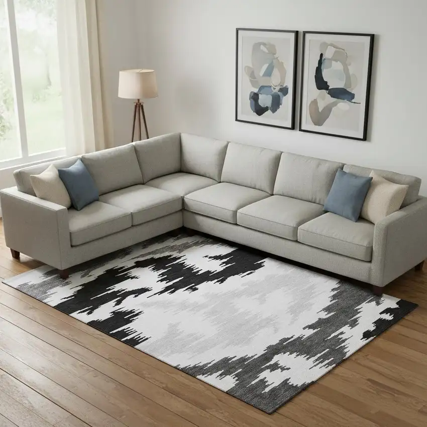 Black Gray And Silver Abstract Washable Area Rug With UV Protection Photo 1
