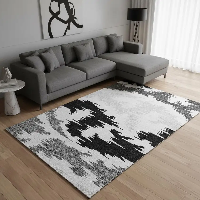 Black Gray And Silver Abstract Washable Area Rug With UV Protection Photo 2