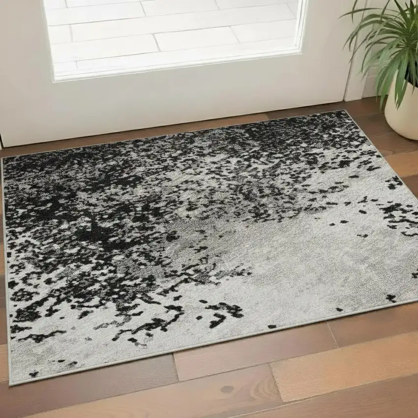 Black Gray And Silver Abstract Washable Area Rug With UV Protection Photo 2