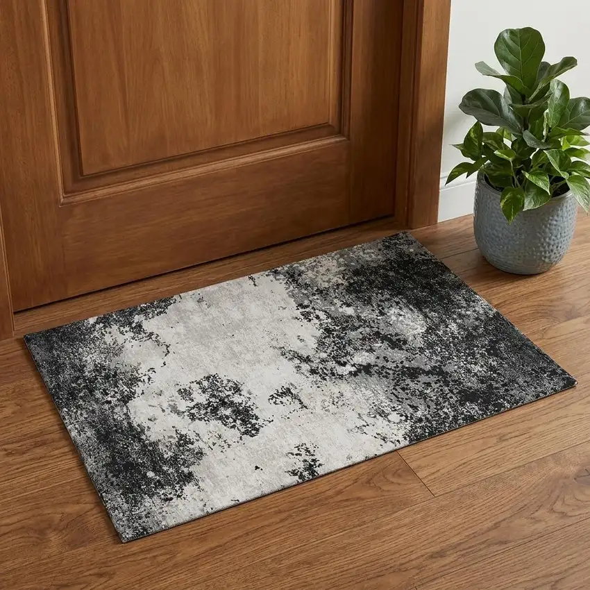 Black Gray And Silver Abstract Washable Area Rug With UV Protection Photo 1