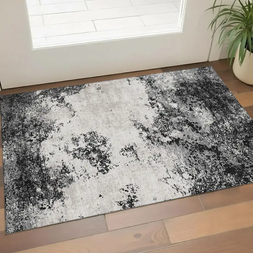 Black Gray And Silver Abstract Washable Area Rug With UV Protection Photo 1