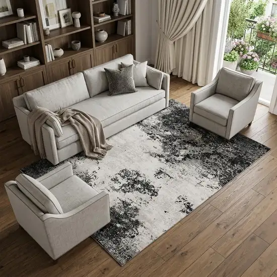 Black Gray And Silver Abstract Washable Area Rug With UV Protection Photo 1