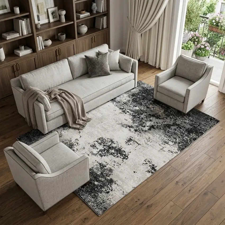 Black Gray And Silver Abstract Washable Area Rug With UV Protection Photo 1