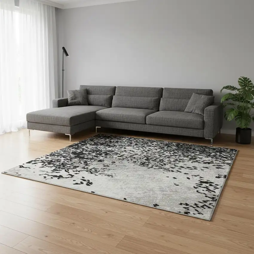 Black Gray And Silver Abstract Washable Area Rug With UV Protection Photo 2