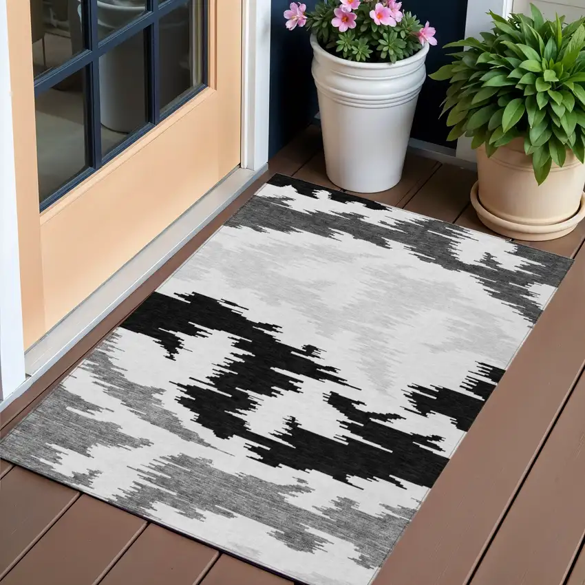 Black Gray And Silver Abstract Washable Indoor Outdoor Area Rug Photo 1