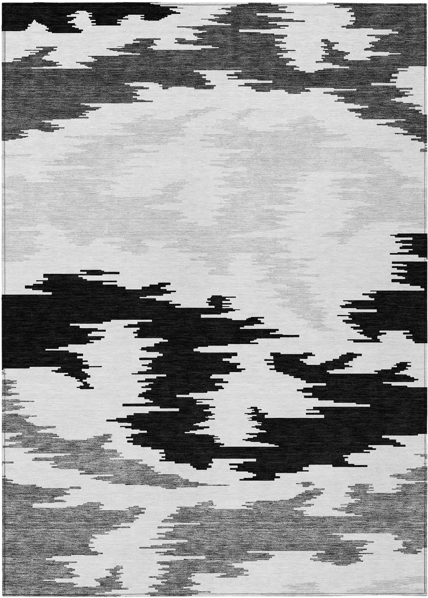 Black Gray And Silver Abstract Washable Indoor Outdoor Area Rug Photo 1