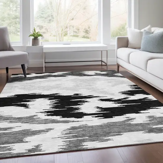 Black Gray And Silver Abstract Washable Indoor Outdoor Area Rug Photo 7