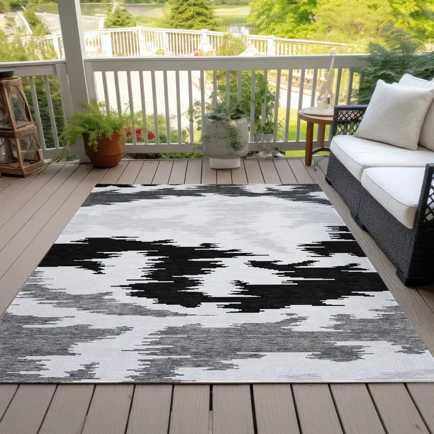Black Gray And Silver Abstract Washable Indoor Outdoor Area Rug Photo 6
