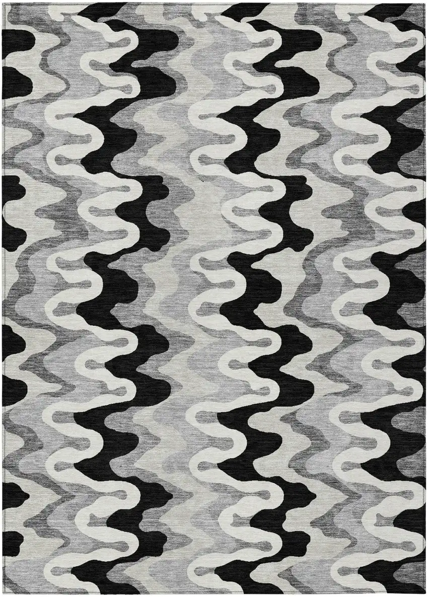 Black Gray And Silver Abstract Washable Indoor Outdoor Area Rug Photo 1