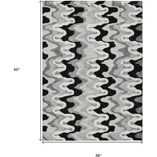 Black Gray And Silver Abstract Washable Indoor Outdoor Area Rug Photo 9