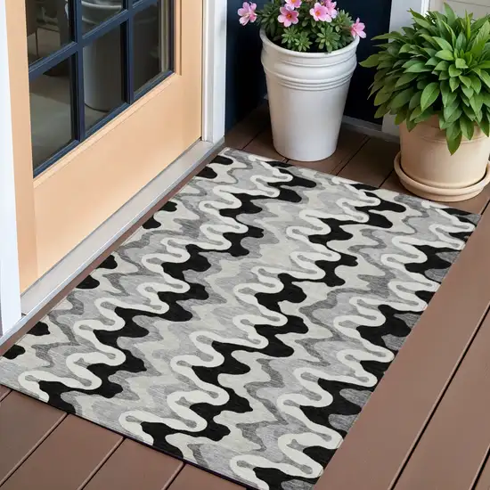 Black Gray And Silver Abstract Washable Indoor Outdoor Area Rug Photo 1