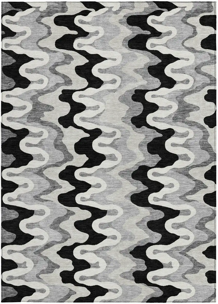 Black Gray And Silver Abstract Washable Indoor Outdoor Area Rug Photo 4