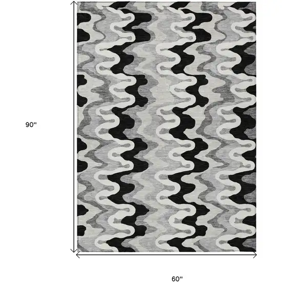 Black Gray And Silver Abstract Washable Indoor Outdoor Area Rug Photo 9