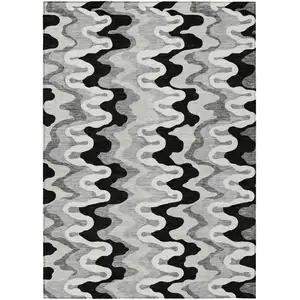 Photo of Black Gray And Silver Abstract Washable Indoor Outdoor Area Rug