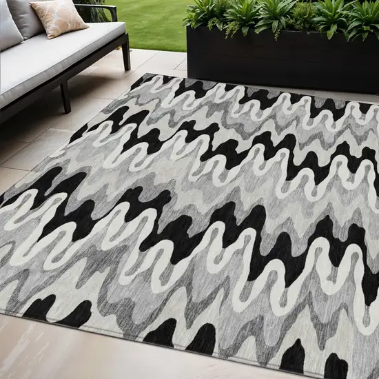 Black Gray And Silver Abstract Washable Indoor Outdoor Area Rug Photo 1