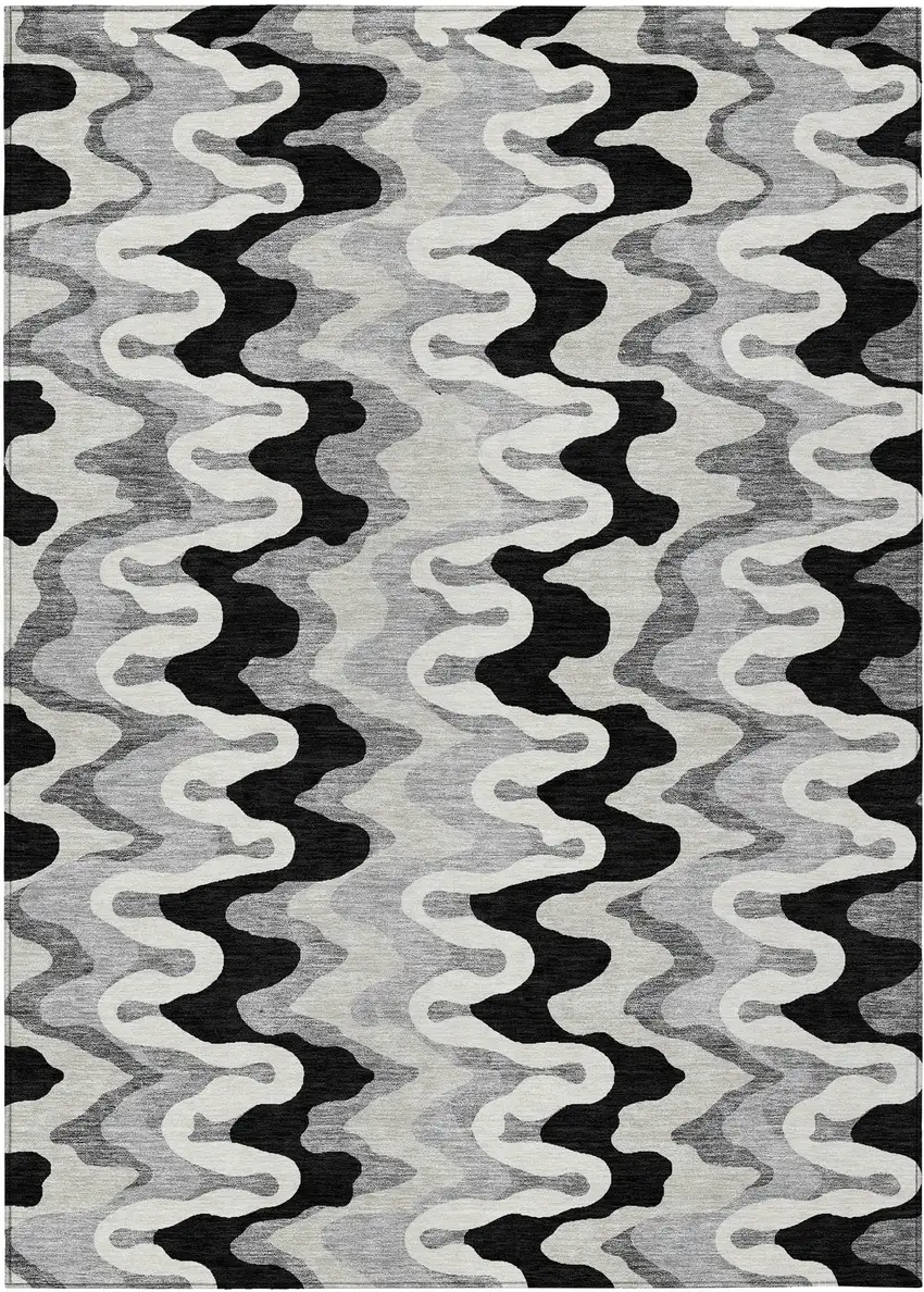 Black Gray And Silver Abstract Washable Indoor Outdoor Area Rug Photo 1