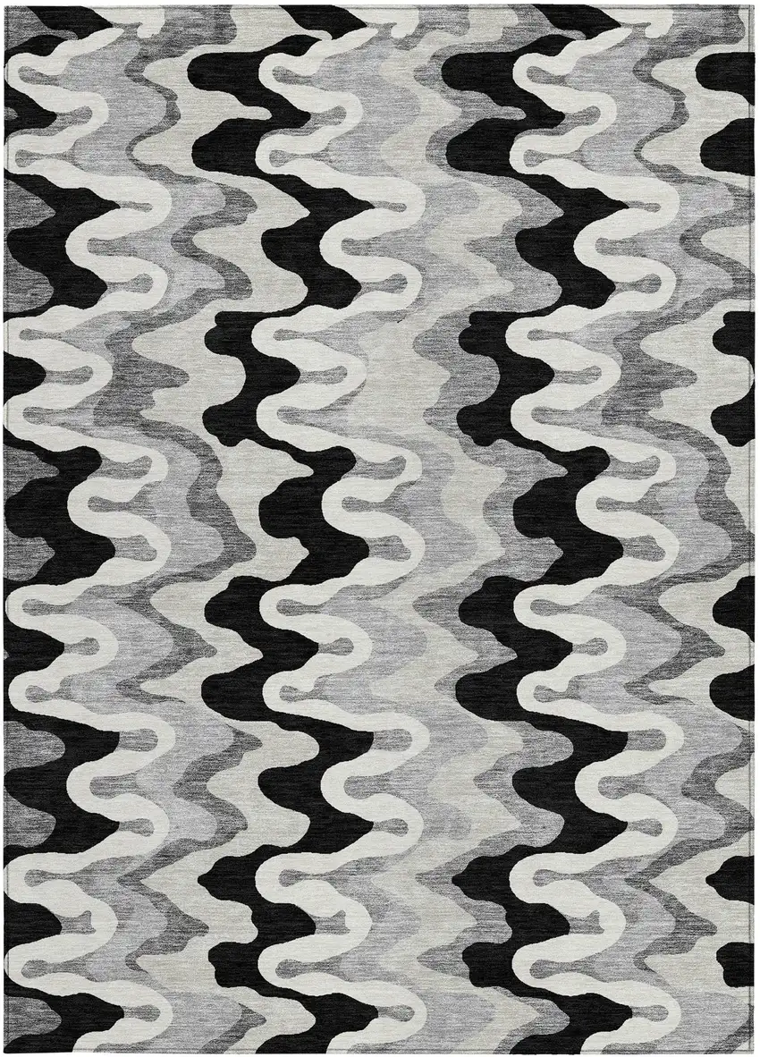 Black Gray And Silver Abstract Washable Indoor Outdoor Area Rug Photo 4