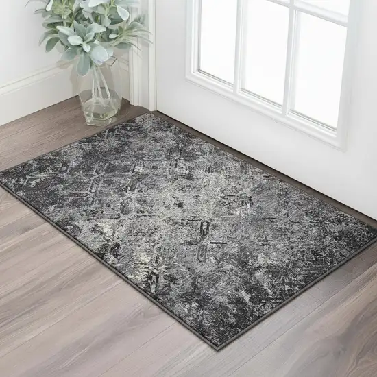 Black Gray And Silver Diamond Washable Area Rug With UV Protection Photo 2
