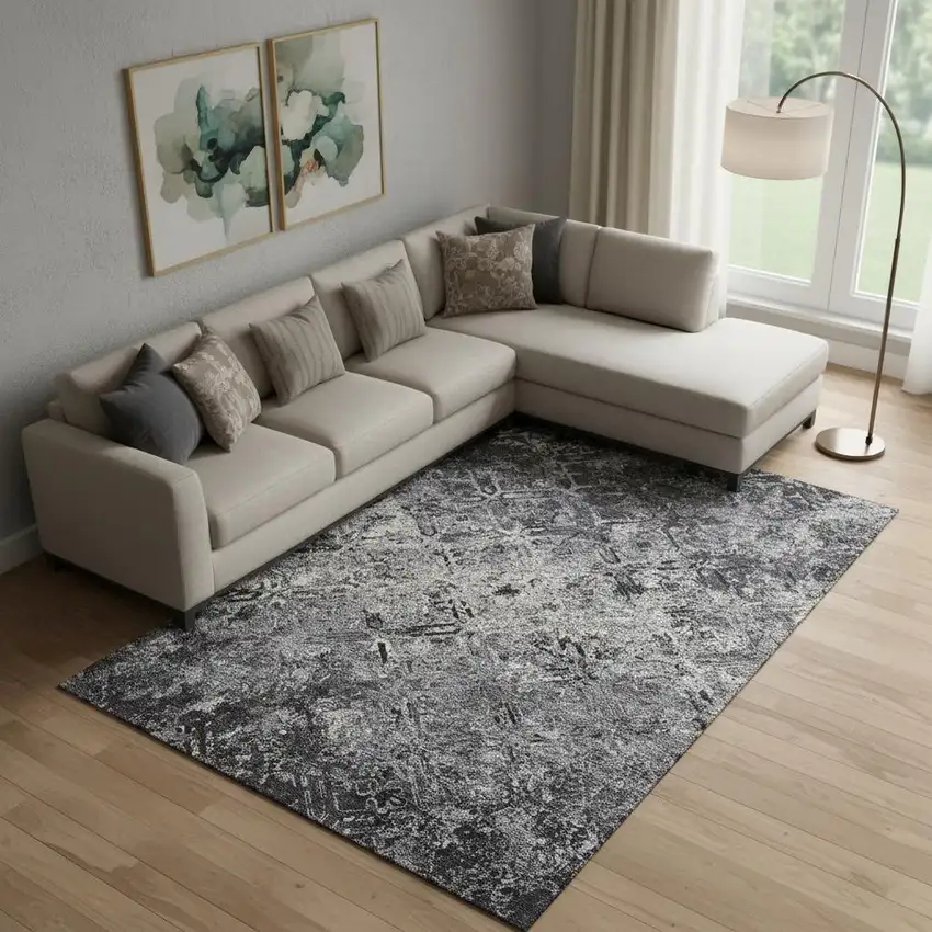 Black Gray And Silver Diamond Washable Area Rug With UV Protection Photo 1